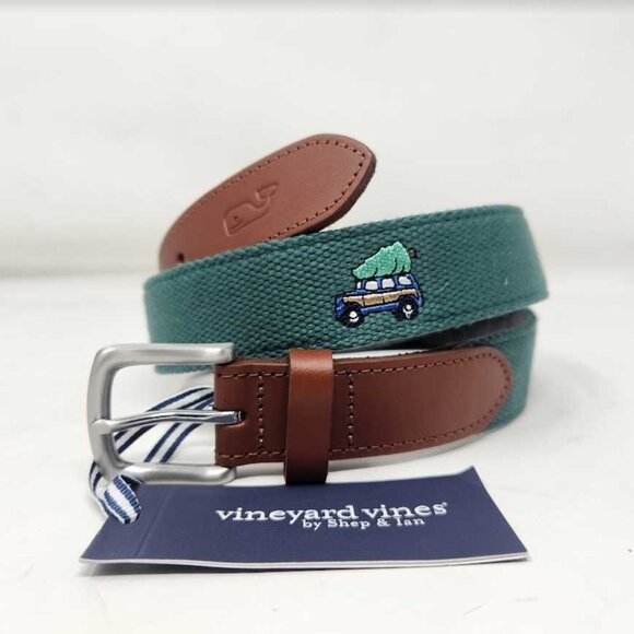 New men's Vineyard Vines Woody & Tree embroidered canvas club Christmas belt